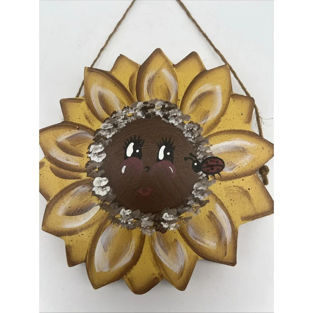Wooden Hand painted Sunflower Plaque, Country Farmhouse, Cute Face w/Ladybug
